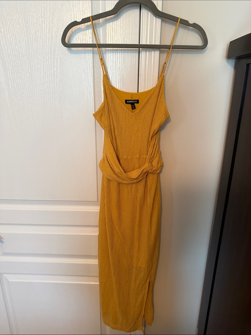 Express Mustard Yellow Ribbed Knot-Front Midi Dress